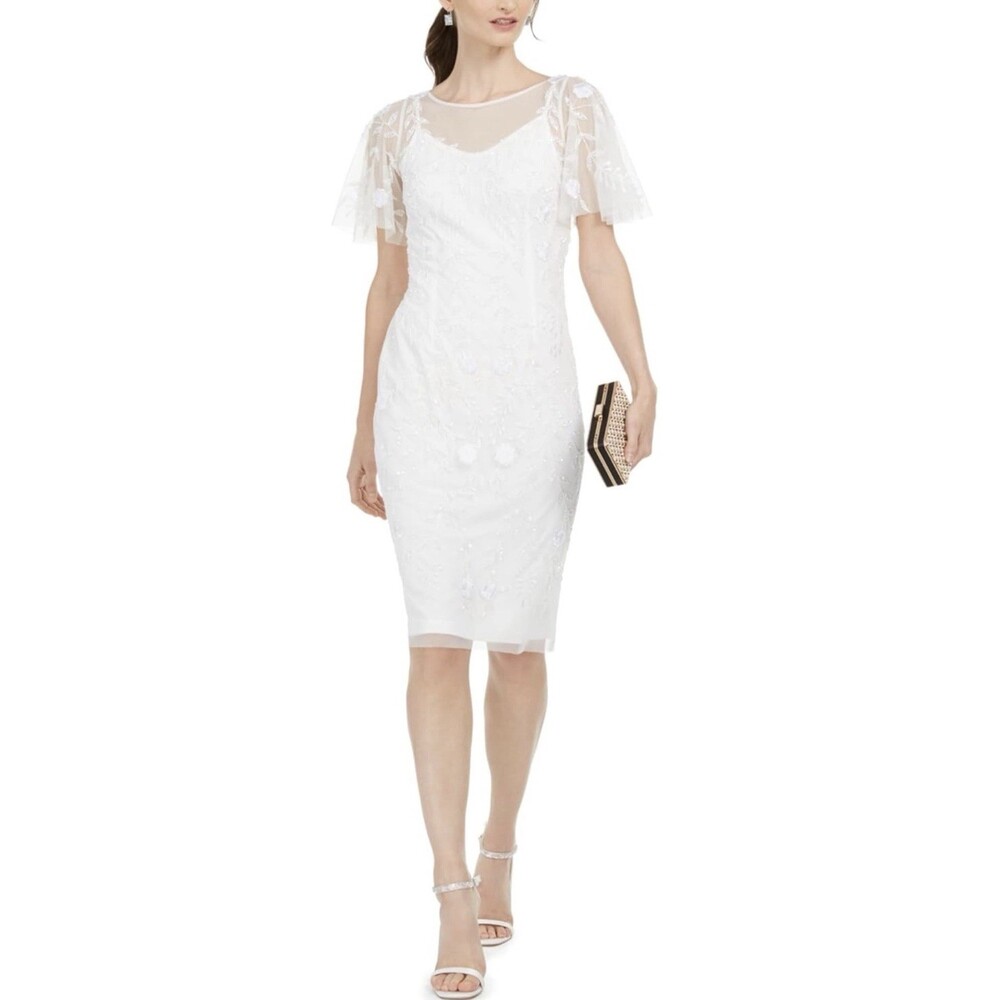 Adrianna Papell Women's Beaded White Ivory Sheath Dress Flutter Sleeves Size 10